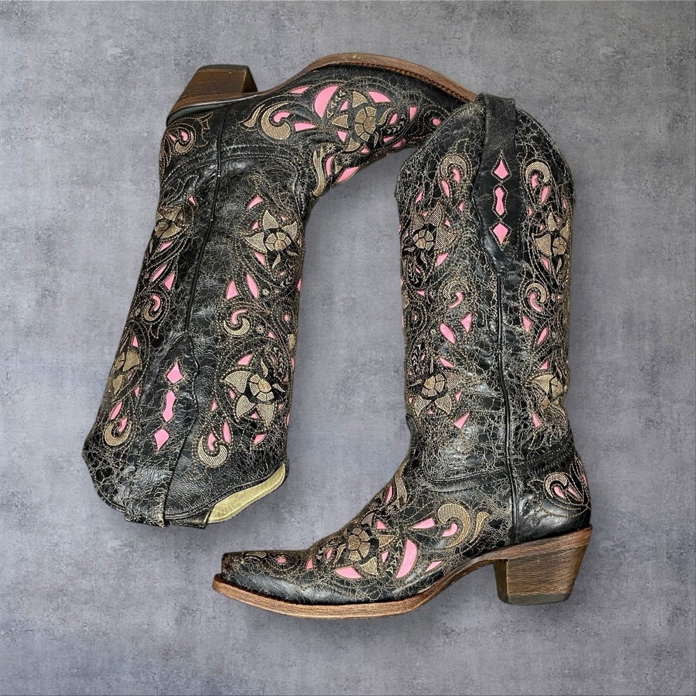 Corral Vintage Western Boots Womens 7.5 Pink Inlay Snip Toe Boho Festival Cowboy - Picture 7 of 11
